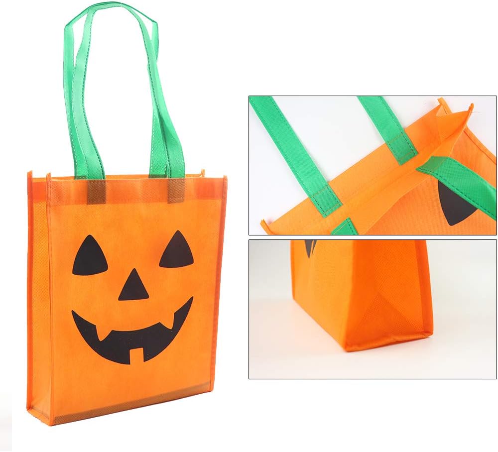 Glam 10 Packs Halloween Jack O Lantern Pumpkin Bags Trick or Treat Tote Bags Non-Woven Candy Party Gift Handles Bag 9.8 X11.8 Inch