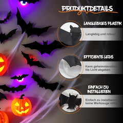 Glam Halloween 3D Lighted Bats, LED Purple Lighted 3D Bats Halloween Decoration, Upgrade LED Glowing Bat Group Hanging Wall Luminous Glow Clings Multipack (12Pcs Black)