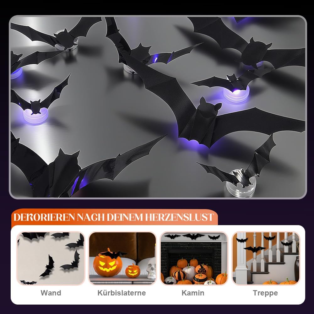 Glam Halloween 3D Lighted Bats, LED Purple Lighted 3D Bats Halloween Decoration, Upgrade LED Glowing Bat Group Hanging Wall Luminous Glow Clings Multipack (12Pcs Black)