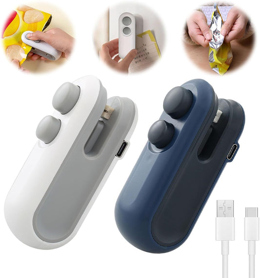 Mini Bag Sealer,2 in 1 USB Rechargeable Chip Bag Sealer Heat Seal Tool,Portable Handheld Vacuum Food Sealer Bag Sealing Machine for Snacks Chips Fresh Storage Snack Bags(White+Blue)