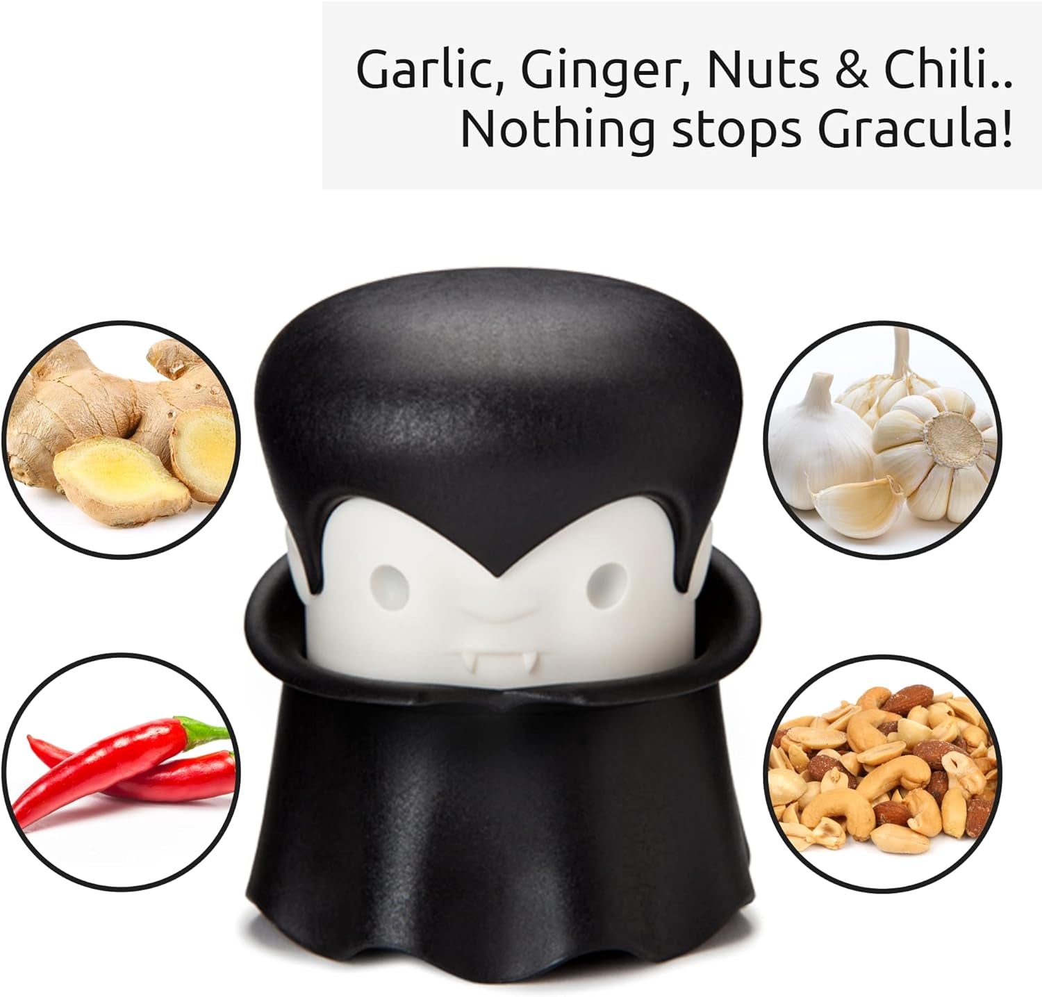 Glam Gracula Garlic Crusher, Garlic Peeler, Also for Ginger, Nuts, Chili, Herbs - Twist Top Mincer & Easy Squeeze Manual Press Peeler, Goth Gifts