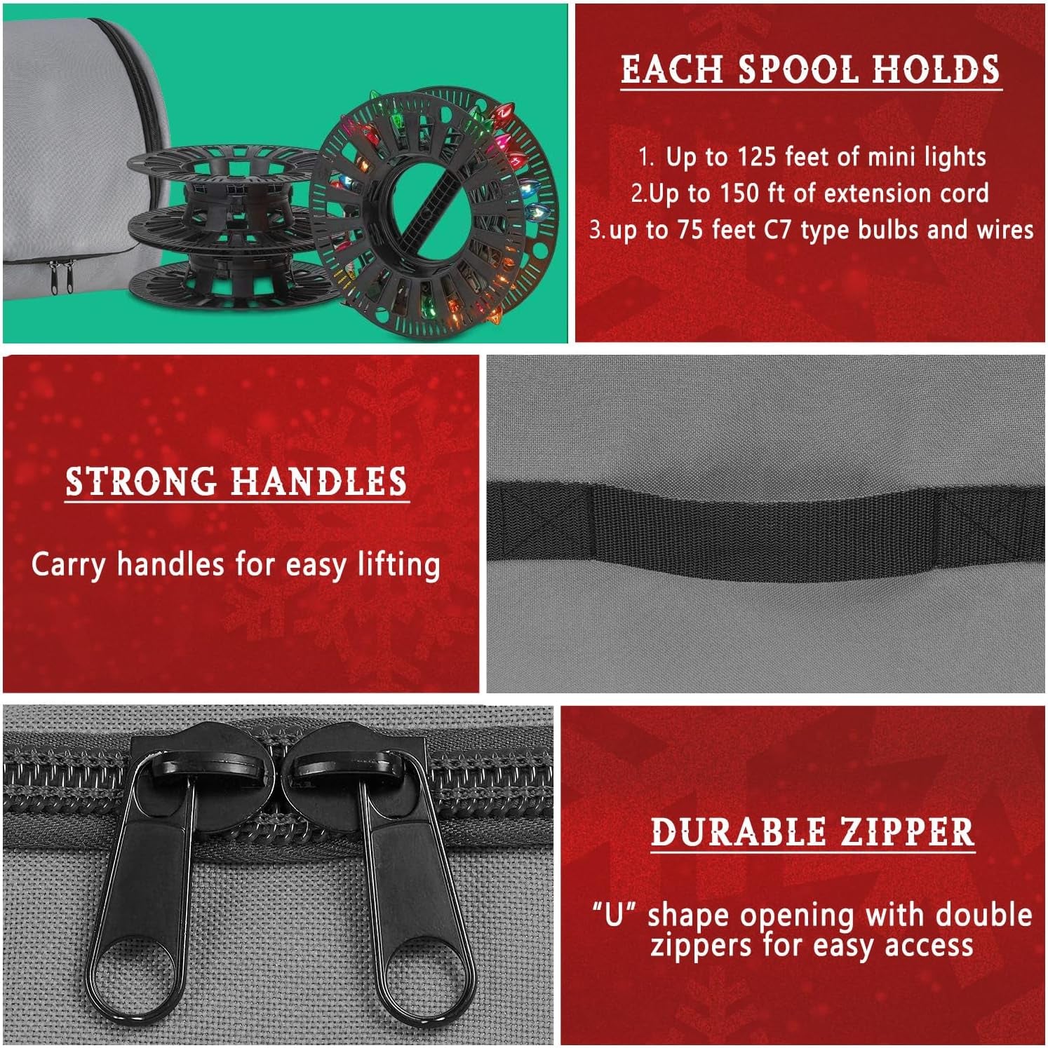 Premium Christmas Light Storage Bag – Heavy Duty Tear Proof 600D/Inside PVC Material with Reinforced Handles - with 3 Reels Stores up to 375 Ft of Mini Christmas Tree Lights & Extension Cords - Gray