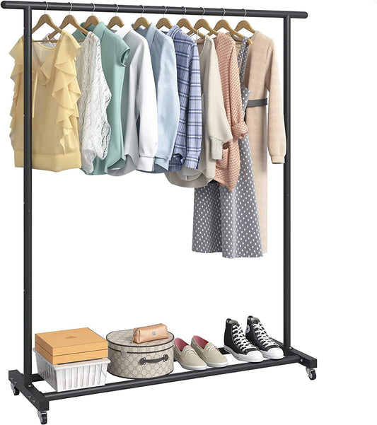 Clothing Clothes Rack Standard Rod Simple Rolling Metal Garment Rack Organizer Freestanding Hanger with Wheels,Black