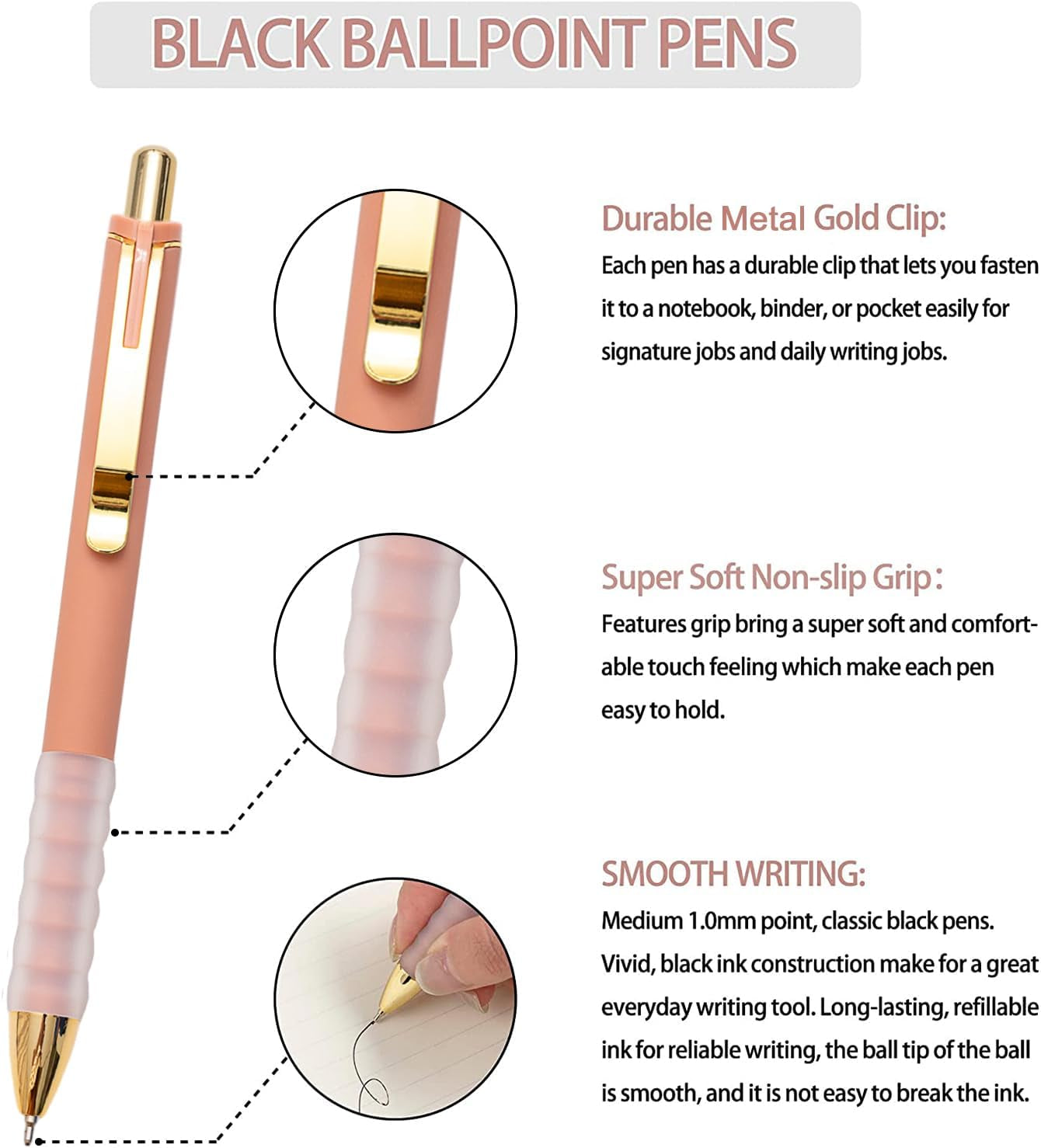 Ballpoint Pens Black Medium Point 1.0mm – Retractable with Super Soft Grip (Gold, 12 Pcs)