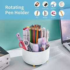 Desk Organizer, 360-Degree Rotating Pen Holder for Desk, Desk Organizers and Accessories with 5 Compartments Pencil Organizer, Art Supply Storage Box Caddy for Office, Home (White)