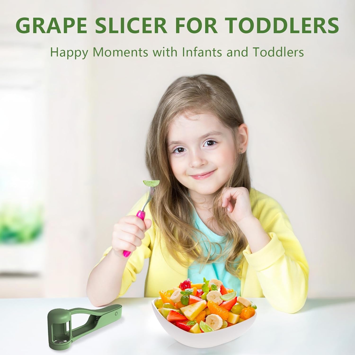 Grape Cutter for Toddlers 1-3, Grape Slicer Kitchen Gadget for Vegetable Fruit Salad Cake Decor, Stainless Steel Baby Grape Quarter Cutter Tool for Cherry Tomato Strawberry Blueberry - Green