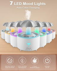 Rain Umbrella Humidifier & Aroma Diffuser with Soothing Rain Sounds, Water Drip Effect, 7 Colors Mood Light, Timer and Auto-Off, Ideal for Relaxation, Sleep, Home, Bedroom, Desk(White)