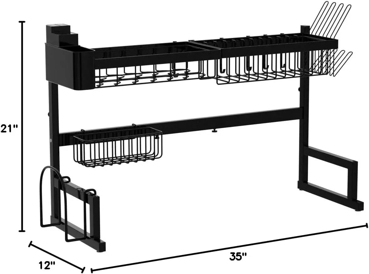 Fit Sink 24.5"- 35.5" L over Sink Dish Drying Rack (Expandable Dimension) Snap-On Design 2 Tier Large Kitchen Dish Rack Stainless Steel Counter Organization and Storage