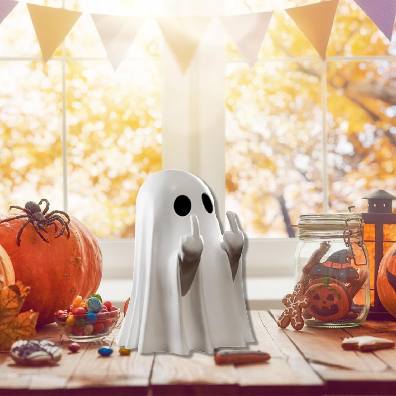 Glam Ghost Statue, Funny Ghost Figurine with Middle Finger, Spooky Middle Finger Ghost Ornament Halloween Decor Indoor, Halloween Decor for Home Garden Office Prank Gifts