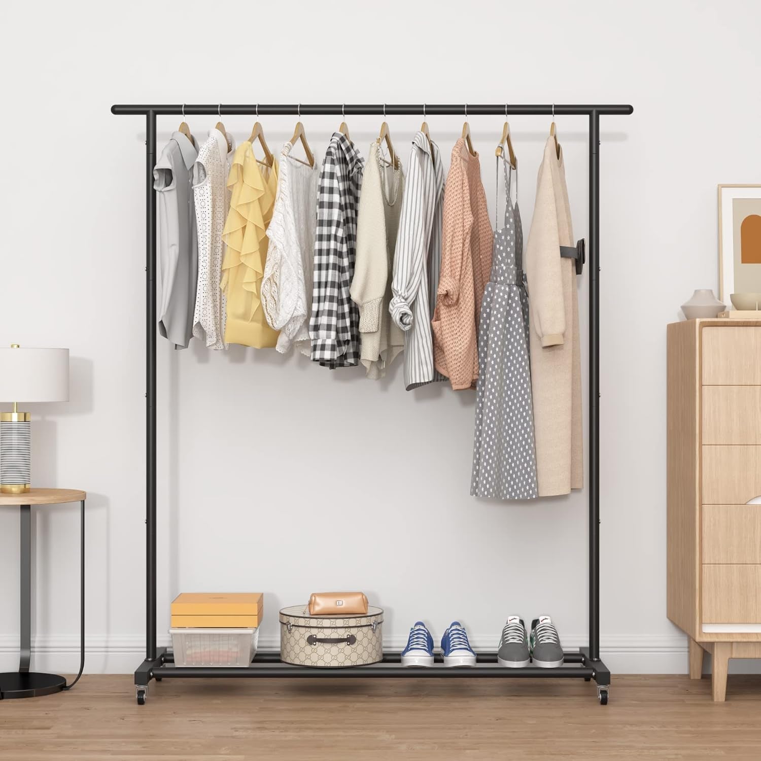 Clothing Clothes Rack Standard Rod Simple Rolling Metal Garment Rack Organizer Freestanding Hanger with Wheels,Black