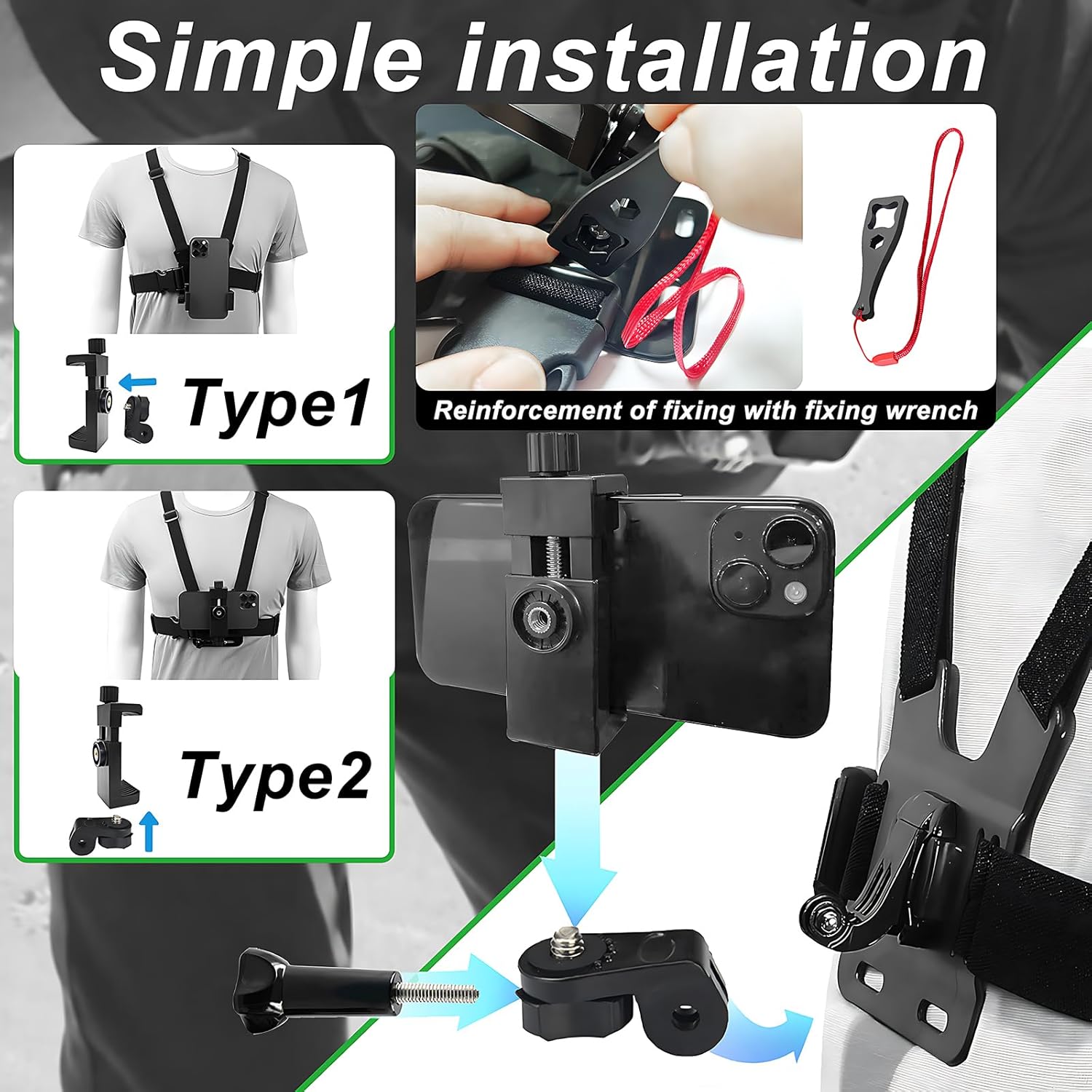 Mobile Phone Chest Strap Mount Strap Holder Kit for POV/VLOG, Cell Phone Clip Accessories Compatible with Iphone, Samsung, Gopro Hero 12, Insta360, DJI Osmo and Action Cameras