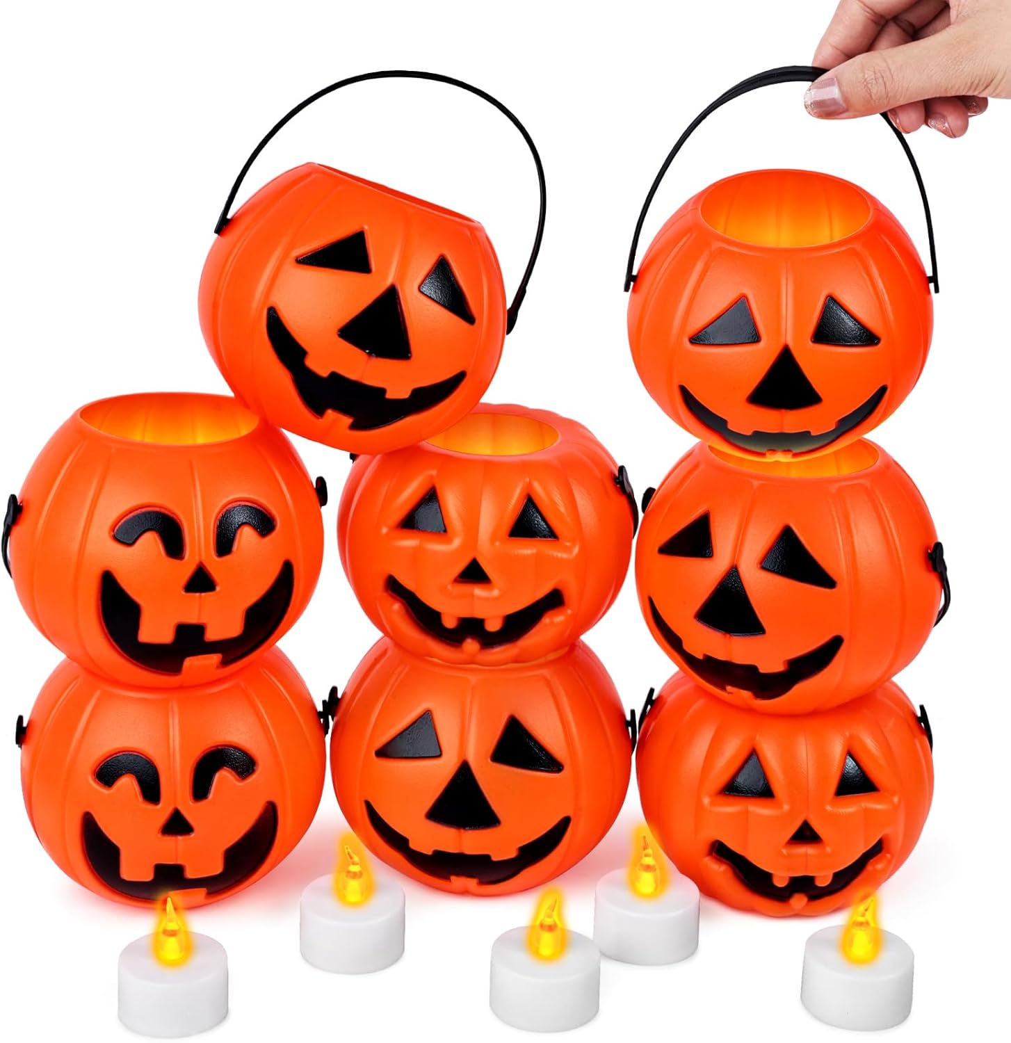 Glam 8PCS Halloween Pumpkin Buckets, Mini Portable Pumpkin Buckets Trick or Treat Buckets for Party Birthday Halloween Family Gatherings
