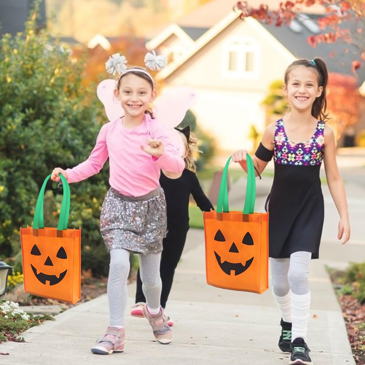 Glam 10 Packs Halloween Jack O Lantern Pumpkin Bags Trick or Treat Tote Bags Non-Woven Candy Party Gift Handles Bag 9.8 X11.8 Inch