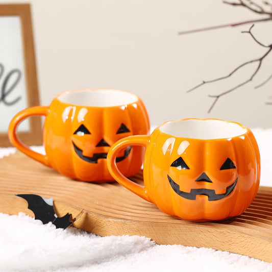Glam Halloween Pumpkin Mug Set 14 Oz-Cute and Spooky Ceramic Coffee Mugs for Fall Halloween Party Home Decor