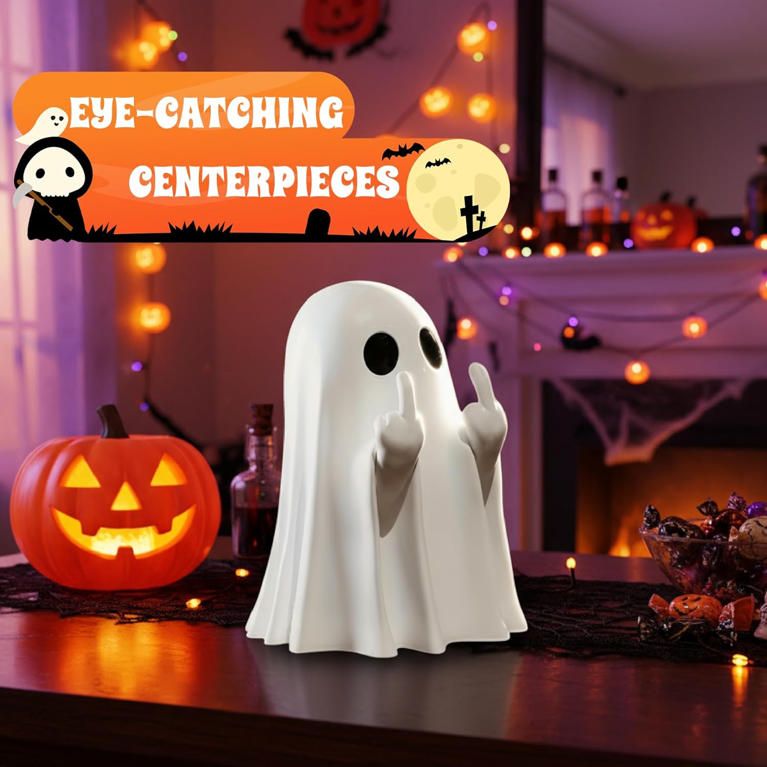 Glam Halloween Ghost Figurine-Spooky & Cute Ghost Statue for Home, Desk, Party Decor | Funnyghost Halloween Decor Indoor