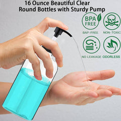 Empty Plastic Pump Bottles Dispenser 4 Pack 16Oz/500Ml Portable Clear Bpa-Free Cylinder Shampoo Lotion Hand Pump Bottle Durable Refillable Containers for Massage Oil, Liquid Soap