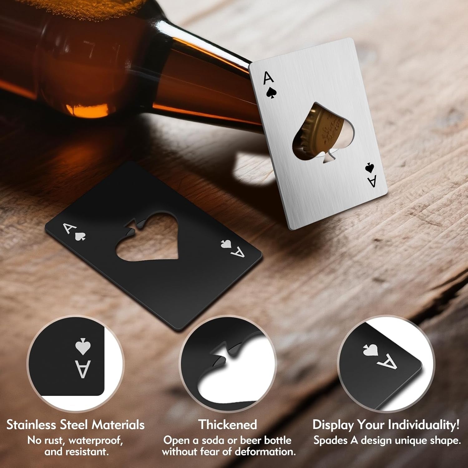Glam 6PCS Poker Card Stainless Steel Bottle Opener - 3 Black & 3 Silver Poker Themed Cap Openers