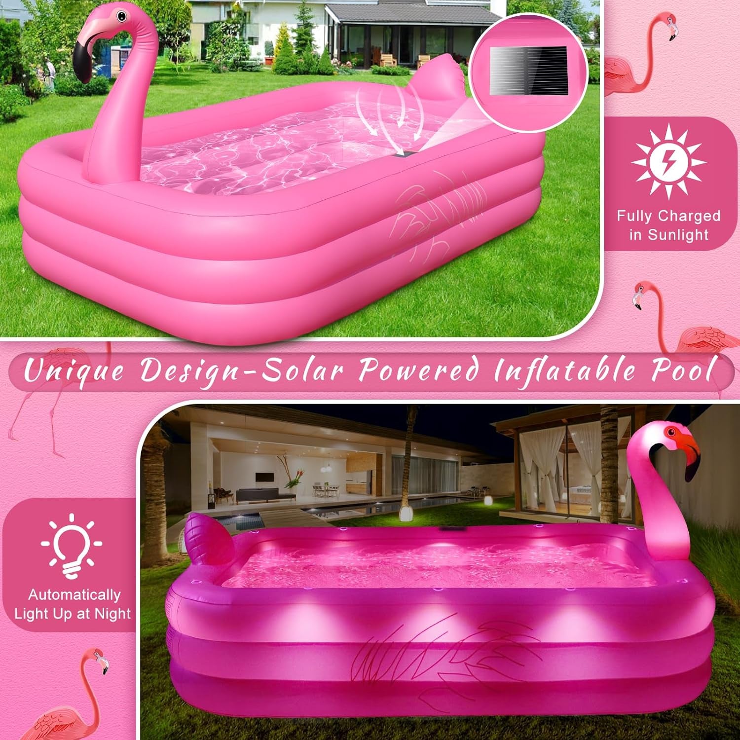 Inflatable Pool with Lights, Solar Flamingo Swimming Pool for Kids,Adults Inflatable Blow up Pool, Large Kiddie Pool, Durable Thickened Inflatable Family Pool for Backyard,Outdoor,105"X65"X25"