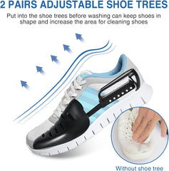 Shoe Washing Bag for Washing Machine, Fluffy Fibers Keep 360° Wrap-Around Cleaning, 2 Pairs Adjustable Shoe Trees, Durable Hidden Zipper Reusable Shoe Laundry Bag for Sneaker Gym Shoes White