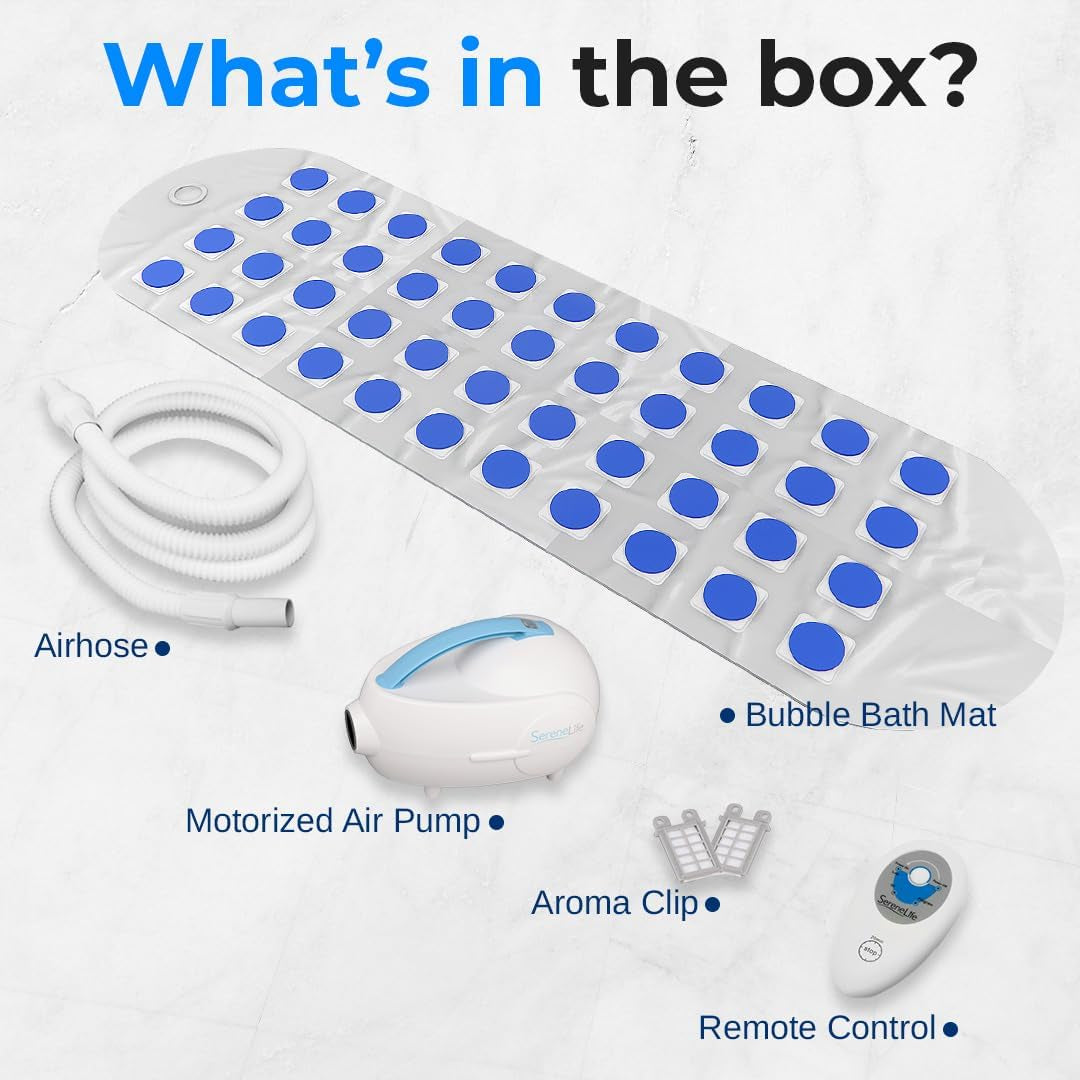 Electric Bubble Massage Mat - Waterproof Massaging Spa, Full Body Bubbling Bath Thermal Massager Machine - Maintains Heat Motorized Air Pump, Aroma Clip for Essential Oil - Blue