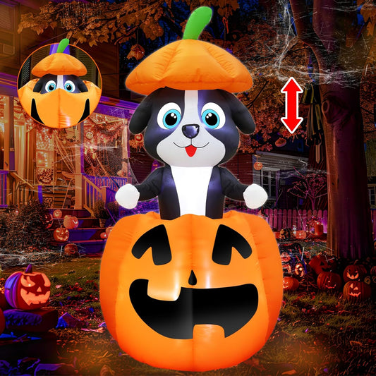 Glam Halloween Inflatables Animated Dog on Pumpkin Outdoor Decorations Blow up Yard with Built-In Leds, Halloween Blow up Outdoor Decor for Indoor Party Outdoor Garden Lawn