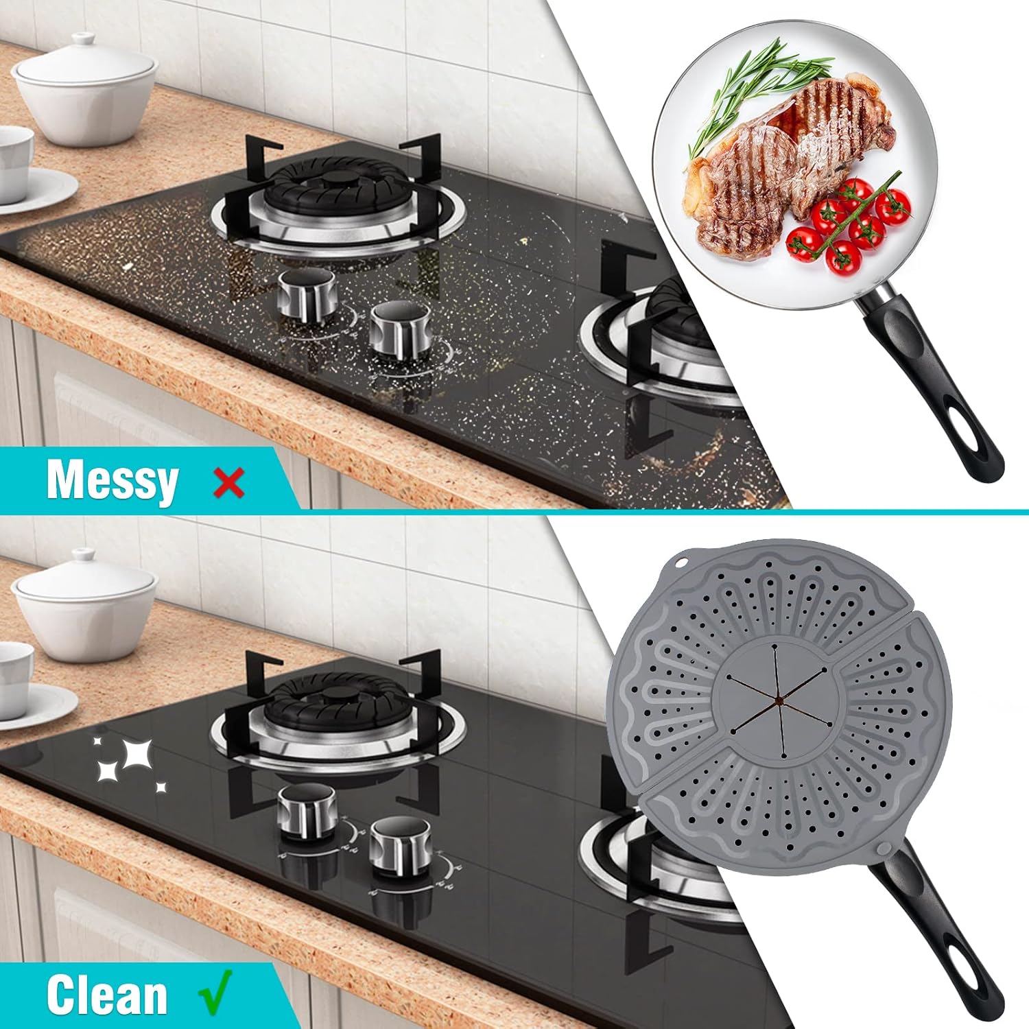 Glam Silicone Splatter Screen for 10, 11 and 12 Inch Frying Pan, Foldable Splash Guard, Multi-Use Grease Splatter Guard/Trivet Mat, 12" Non-Stick Oil Splatter Guard, Dishwasher Safe, BPA Free, Gray