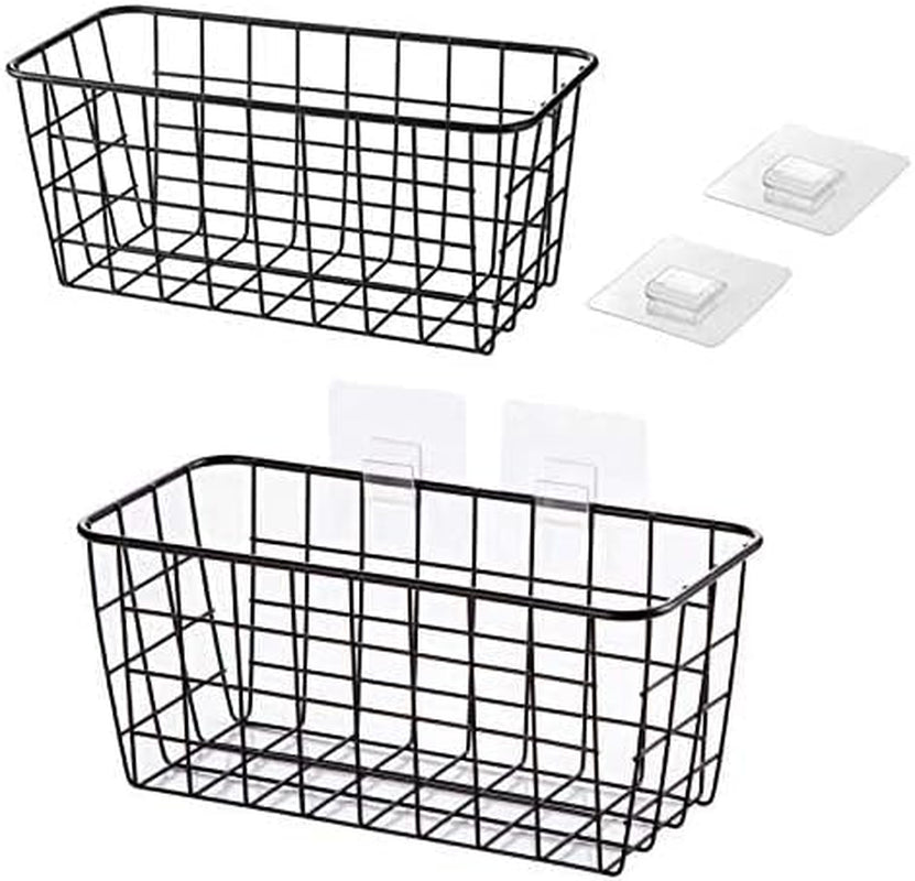 Hanging Kitchen Baskets for Storage Adhesive Sturdy Small Wire Storage Baskets with Kitchen Food Pantry Bathroom Shelf Storage No Drilling Wall Mounted,2 Pack,Black