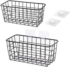 Hanging Kitchen Baskets for Storage Adhesive Sturdy Small Wire Storage Baskets with Kitchen Food Pantry Bathroom Shelf Storage No Drilling Wall Mounted,2 Pack,Black