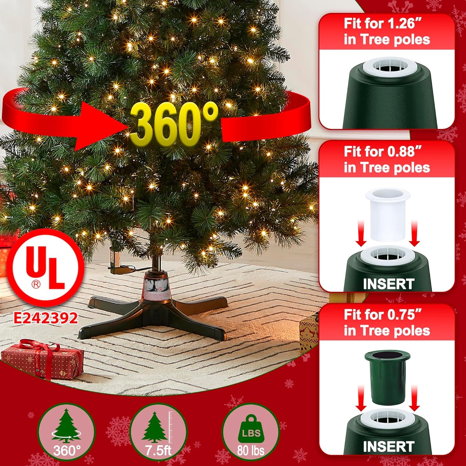 Rotating Christmas Tree Stand with Foot Switch,360-Degree Rotating Christmas Tree Stand,Up to 7.5Ft and 80 Pounds Artificial Tree,With 3 Settings Trunk Diameter