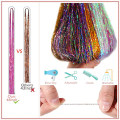 48 Inch Glitter Hair Tinsel Extensions Kit (16 Colors, 4800 Strands) with Tools - Heat Resistant Fairy Hair Accessories for Women, Girls, Kids