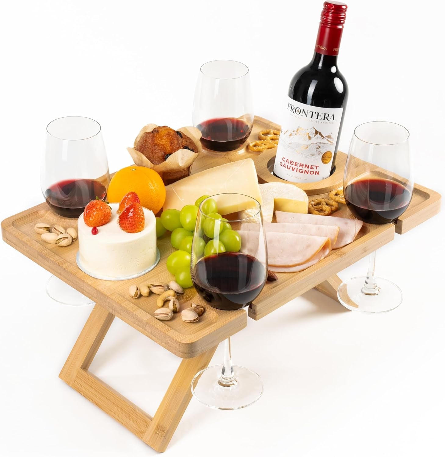 Portable Wine Picnic Table, Outdoor Wine Table, Charcuterie Board with Wine Glass Holder, Beach Picnic Kit - Includes Picnic Mat & Tote Bag