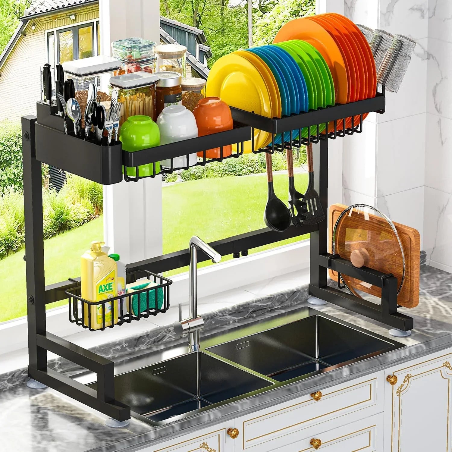 Fit Sink 24.5"- 35.5" L over Sink Dish Drying Rack (Expandable Dimension) Snap-On Design 2 Tier Large Kitchen Dish Rack Stainless Steel Counter Organization and Storage