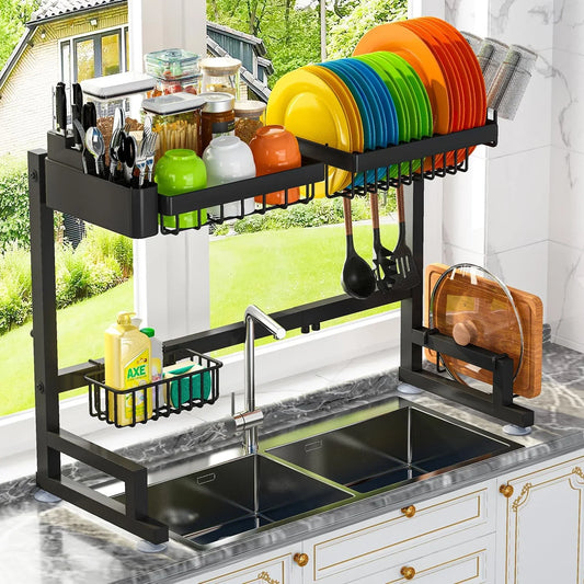 Fit Sink 24.5"- 35.5" L over Sink Dish Drying Rack (Expandable Dimension) Snap-On Design 2 Tier Large Kitchen Dish Rack Stainless Steel Counter Organization and Storage
