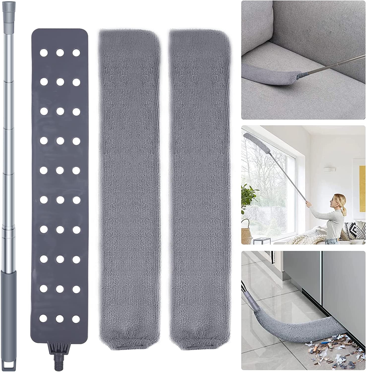 Retractable Gap Dust Cleaner Cleaning Tools with 2 Microfiber Dusting Cloths Long Handle 60Inches Washable and Retractable Duster Brush for Cleaning under Appliances Furniture Couch Fridge