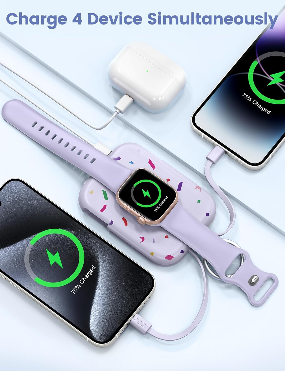 Glam 3-in-1 Portable Charger, 5000Mah Portable Charger Power Bank with Built-In Cables, Travel Keychain Battery Pack for Apple Watch Ultra/11/10/9/8/7/6/Se, Iphone Air/17/16/15/14/13/12, Confetti-Purple