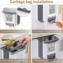 Hanging Kitchen Trash Can, Foldable Waste Bin for Kitchen, Collapsible Hang Small Plastic Garbage Can 2.4 Gallon for Cabinet/Car/Bedroom/Bathroom (White)