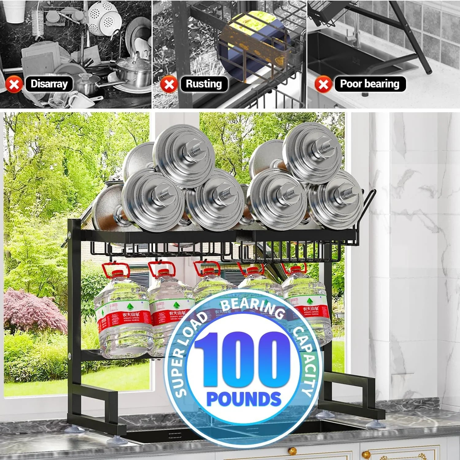 Fit Sink 24.5"- 35.5" L over Sink Dish Drying Rack (Expandable Dimension) Snap-On Design 2 Tier Large Kitchen Dish Rack Stainless Steel Counter Organization and Storage