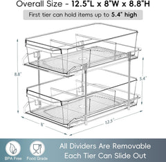 2 Set, 2 Tier Clear Organizer with Dividers for Cabinet, Shlef, Counter - Multiuse Slide-Out Storage Container - Kitchen, Pantry, Medicine Cupboard Bins, Bathroom, Vanity Makeup, under Sink Organizing