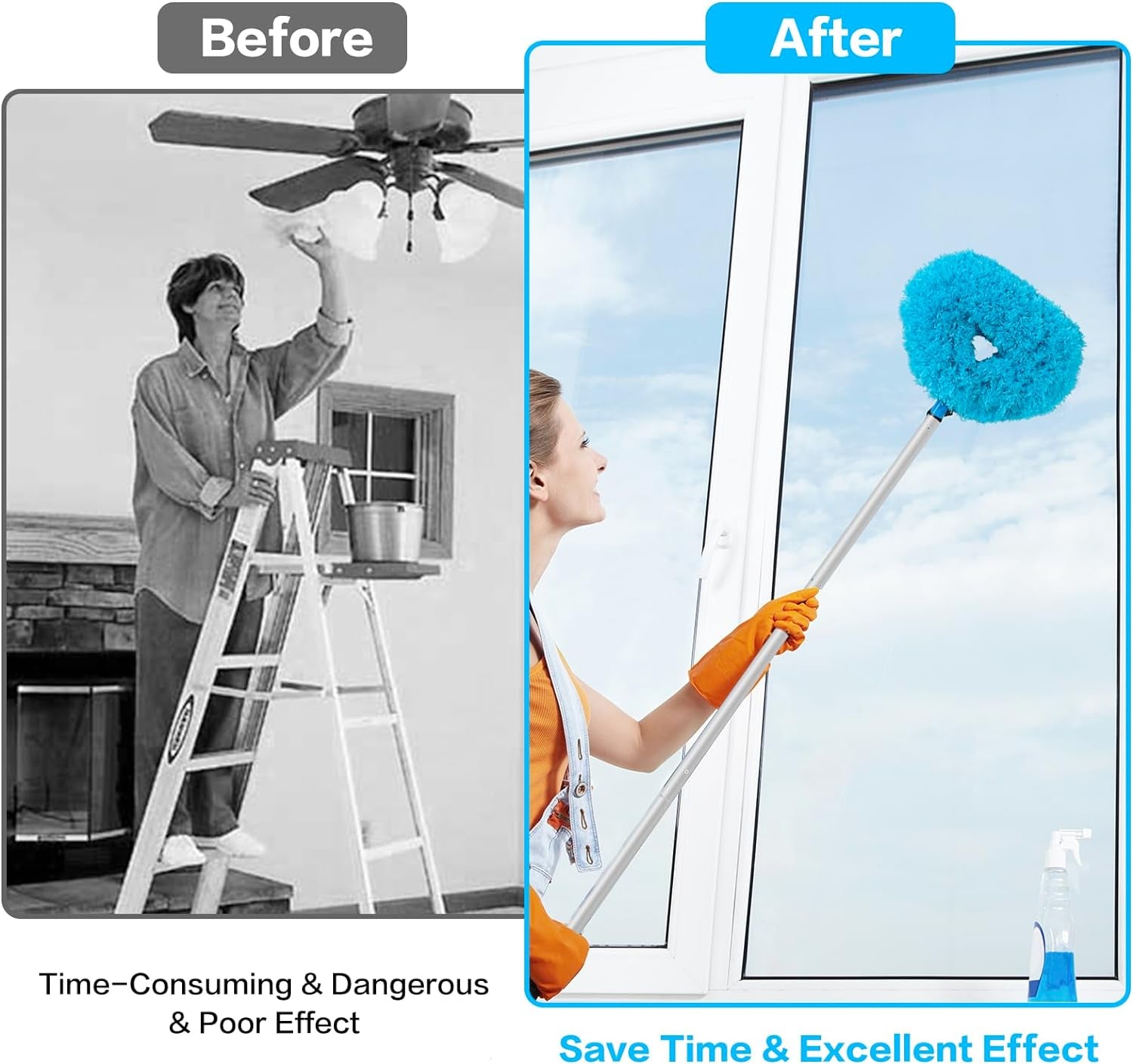 Ceiling Fan Cleaner Duster Reusable Microfiber Ceiling Fan Blade Cleaner Removable Duster with Extension Pole Adjusts 13 to 49.7 Inch for Cleaning Walls Bookshelves Furniture Door Window Top (Blue)