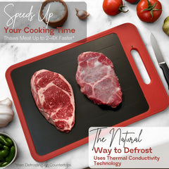 Glam 4-In-1 Defrosting Tray for Frozen Meat - Meat Thawing Tray with Built-In Knife Refiner, Garlic Grater & Cutting Board - Thawing Plate for Frozen Food - Non-Slip, Dishwasher Compatible - Red