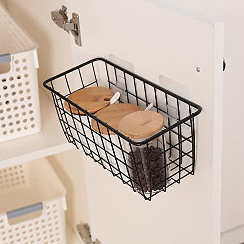 Hanging Kitchen Baskets for Storage Adhesive Sturdy Small Wire Storage Baskets with Kitchen Food Pantry Bathroom Shelf Storage No Drilling Wall Mounted,2 Pack,Black