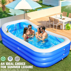 Inflatable Pool with Big Backrest and Seat,Oversized Thickened Large Blow up Pool for Adults,Inflatable Backyard Pools for Kid and Adult,105"X65"X25"Durable Swimming Pools (Blue)