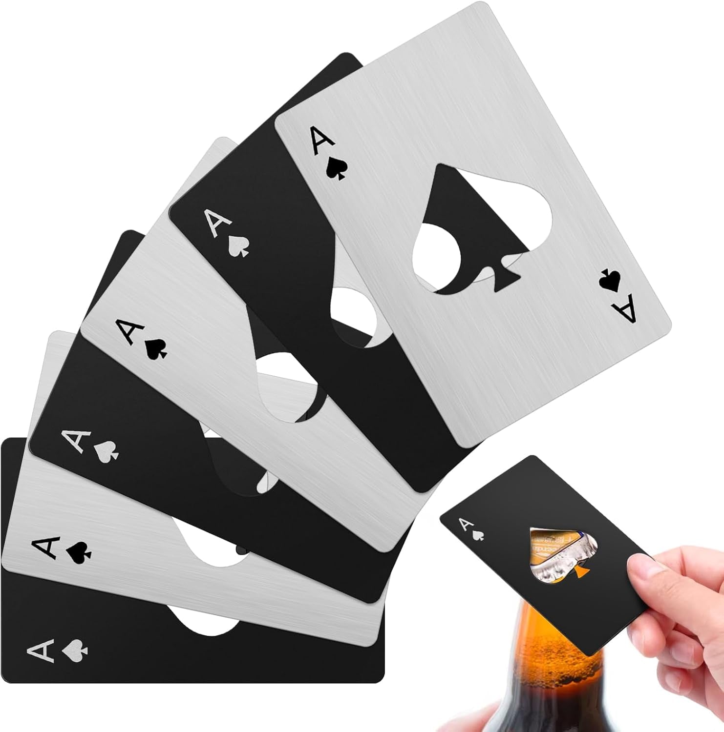 Glam 6PCS Poker Card Stainless Steel Bottle Opener - 3 Black & 3 Silver Poker Themed Cap Openers