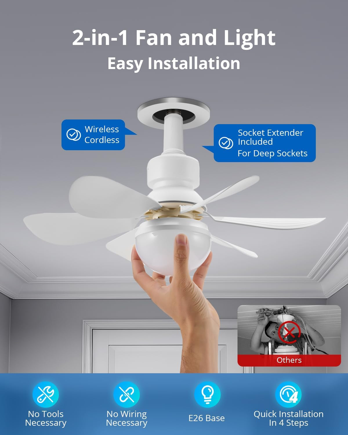 Screw in Ceiling Fan in Light Socket with Remote Control, Mini E26 Plug in Light Bulb Small Fan Fixtures Combo for Bathroom Bedroom Patio, Dimmable Warm Natural Cool White, 16.5 Inch