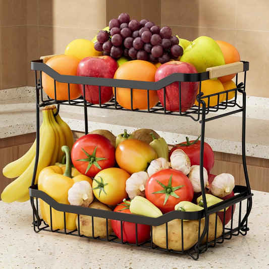 Fruit Basket - 2 Tier Fruit Basket for Kitchen Counter, Detachable Fruit Vegetable Basket with Banana Hanger, Metal Countertop Fruit Stand with Wooden Handle, Black, 7.3" D X 11.2" W X 10.3" H