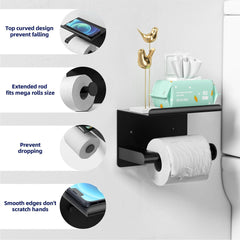 Toilet Paper Holder Wall Mount, Fits Mega Rolls Size Matte Black Toilet Paper Holder with Shelf, Rustproof Stainless Steel Self Adhesive Toilet Paper Holder, Black Bathroom Toilet Paper Holder