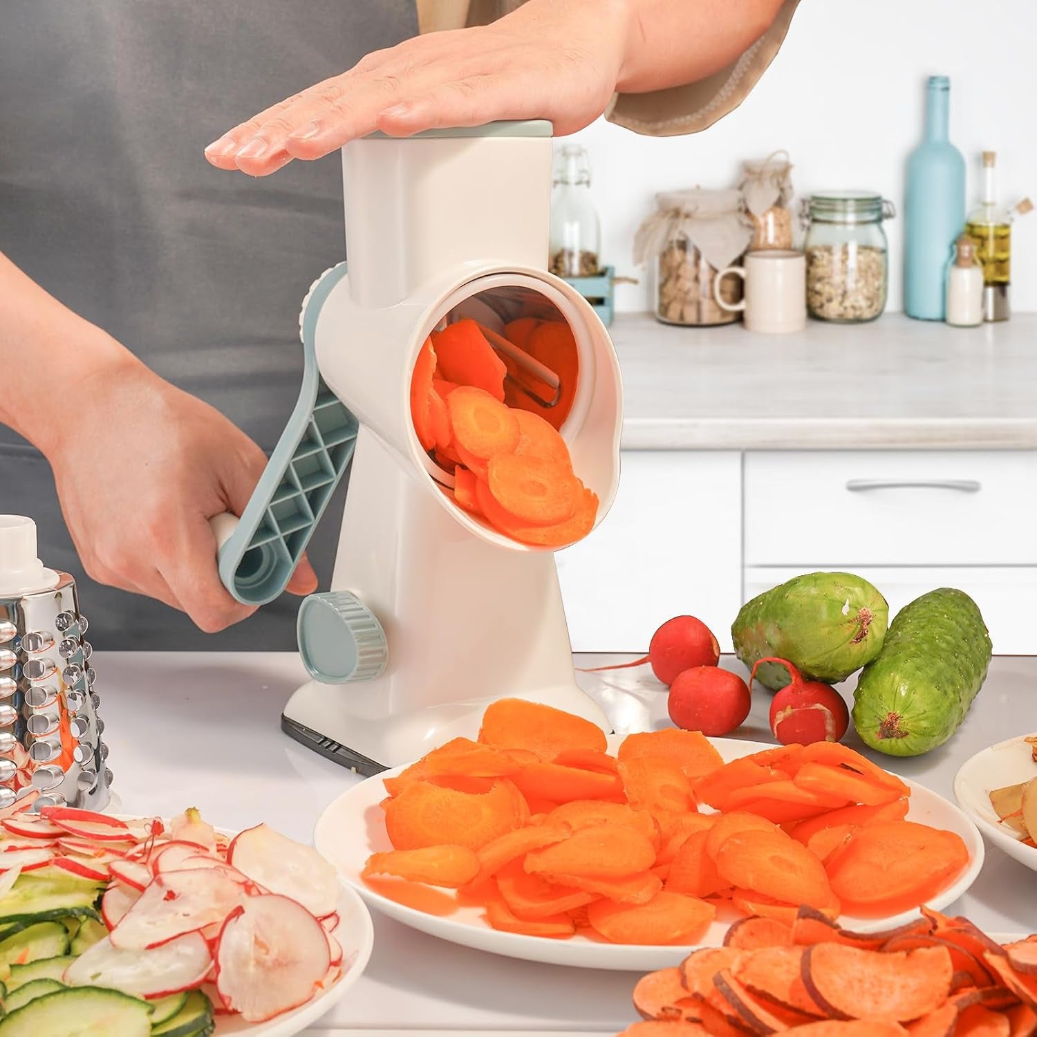 Cheese Grater Hand Crank Rotary Vegetables Shredder with Handle, 3-In-1 Graters with Interchangeable Blades and Strong Suction Base Multifunctional Slicer for Kitchen,White