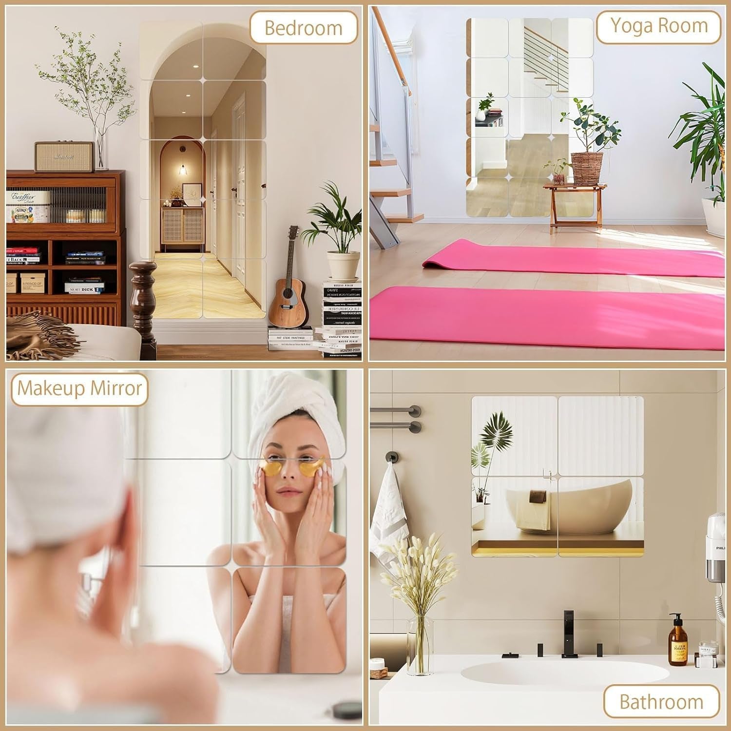 4 Pack Self Adhesive Acrylic Mirror, 8 X 8 Inch Mirror Tiles,Flexible Plastic Mirror Sheets Wall Stickers,2Mm Thick Mirror,Frameless Small Mirror