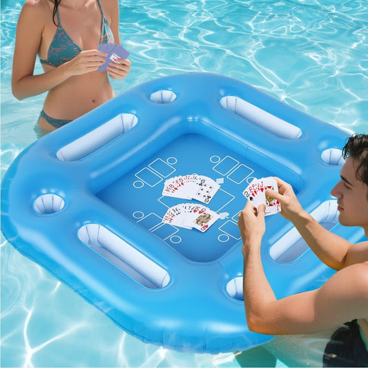 Floating Pool Game Table - Gift for Father'S Day, Spacious Inflatable Board Games Table with Waterproof Playing Cards, Fun to Use Food Drink Bar for Adults Summer Pool Accessories