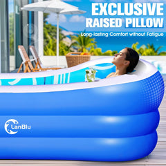 Inflatable Pool with Big Backrest and Seat,Oversized Thickened Large Blow up Pool for Adults,Inflatable Backyard Pools for Kid and Adult,105"X65"X25"Durable Swimming Pools (Blue)
